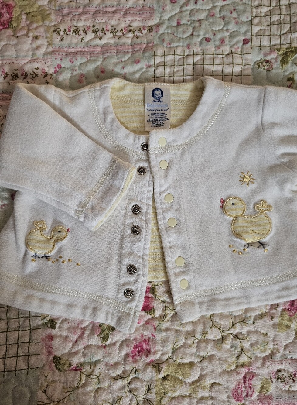 Vintage Gerber White Baby Cardigan with Yellow Duck Embroidery